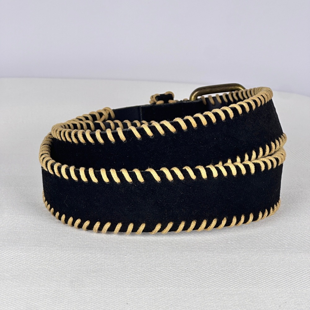 Whipstitch 90s Black Leather Belt Textural Vintage Suede Brass Hardware L - Picture 7 of 7